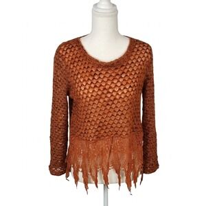 The Cove Rust Orange Open Knit Lace Fringe Hem Sweater Small T125205 Boho‎
